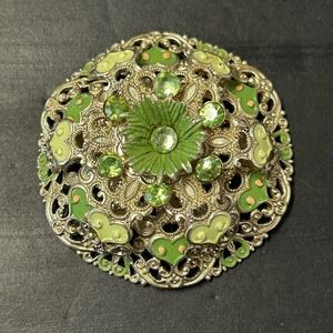 Vintage Filigree Enamel Rhinestone Brooch Marked Western Germany